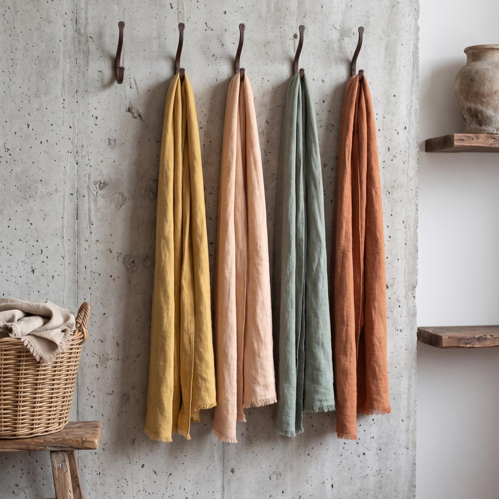 Four lightweight linen scarves in mustard yellow, blush pink, sage green, and terracotta orange hang from dark metal hooks on a textured concrete wall, with a wicker basket and wooden shelf visible in a styled interior setting.