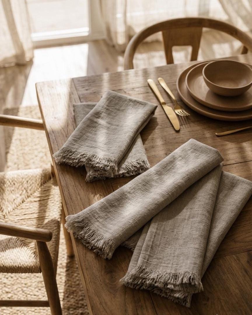 Four light beige linen napkins with fringed edges arranged on a rustic wooden dining table, styled with brown ceramic plates, a bowl, and gold-toned cutlery in a warm, sunlit room.