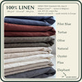 A linen fabric color selection graphic showing a stack of folded linen textiles in multiple shades, with text listing the available colors: Pilot Blue, Tortue, Olive, Natural, Oyster, Flax, and Elephant. The brand name Alma Maya appears at the bottom.