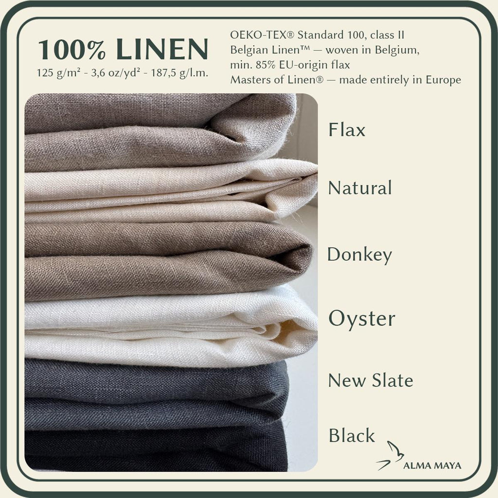 Colour chart of six folded linen scarves — Flax, Natural, Donkey, Oyster, New Slate, Black