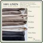 Colour chart of six folded linen scarves — Flax, Natural, Donkey, Oyster, New Slate, Black