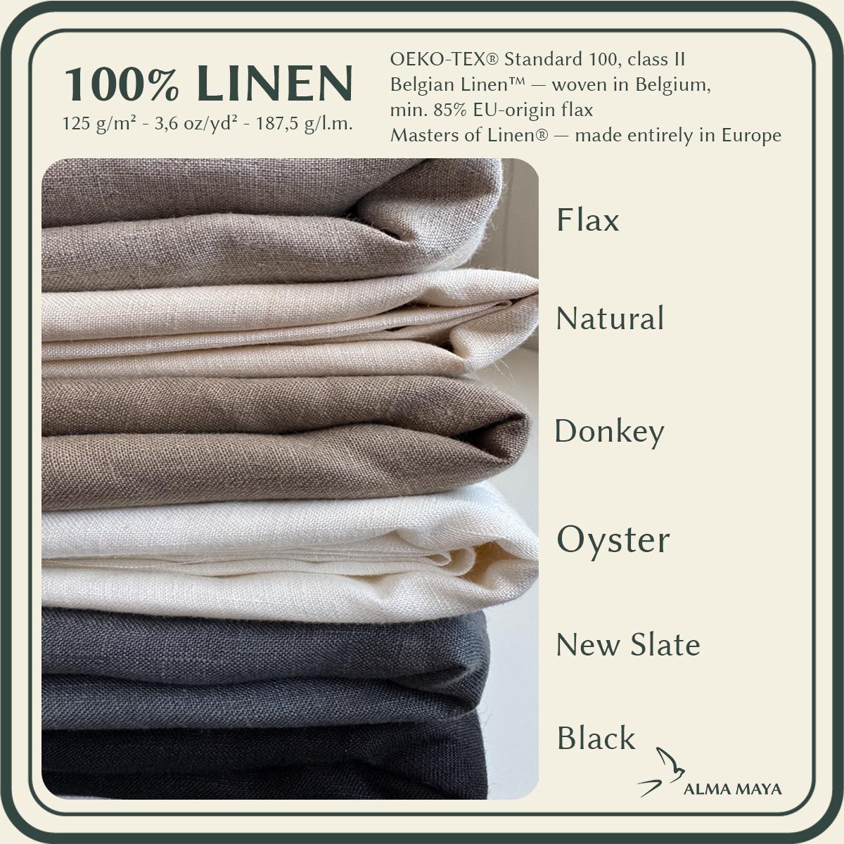 Colour chart of six folded linen scarves — Flax, Natural, Donkey, Oyster, New Slate, Black