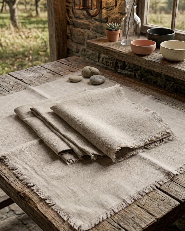 Natural linen table runner and matching folded napkins with fringed edges displayed on a rustic wooden table in a stone-walled room setting.