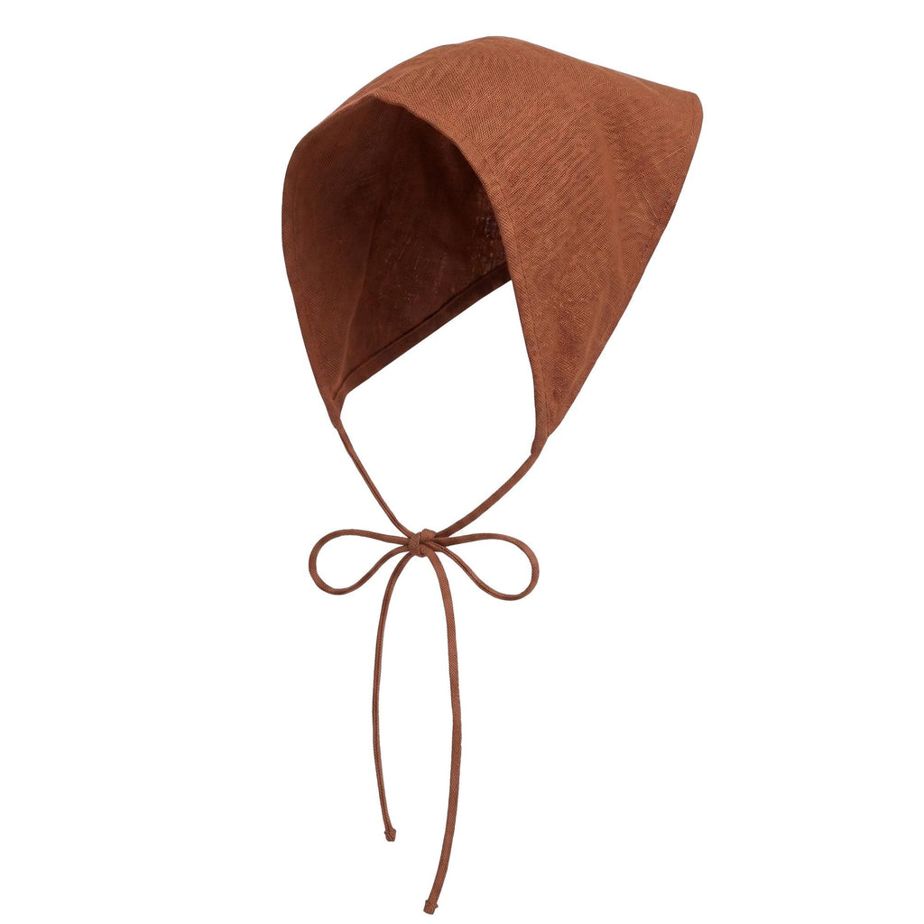 A brown fabric bonnet with long ties tied in a bow at the front, shown against a plain white background.