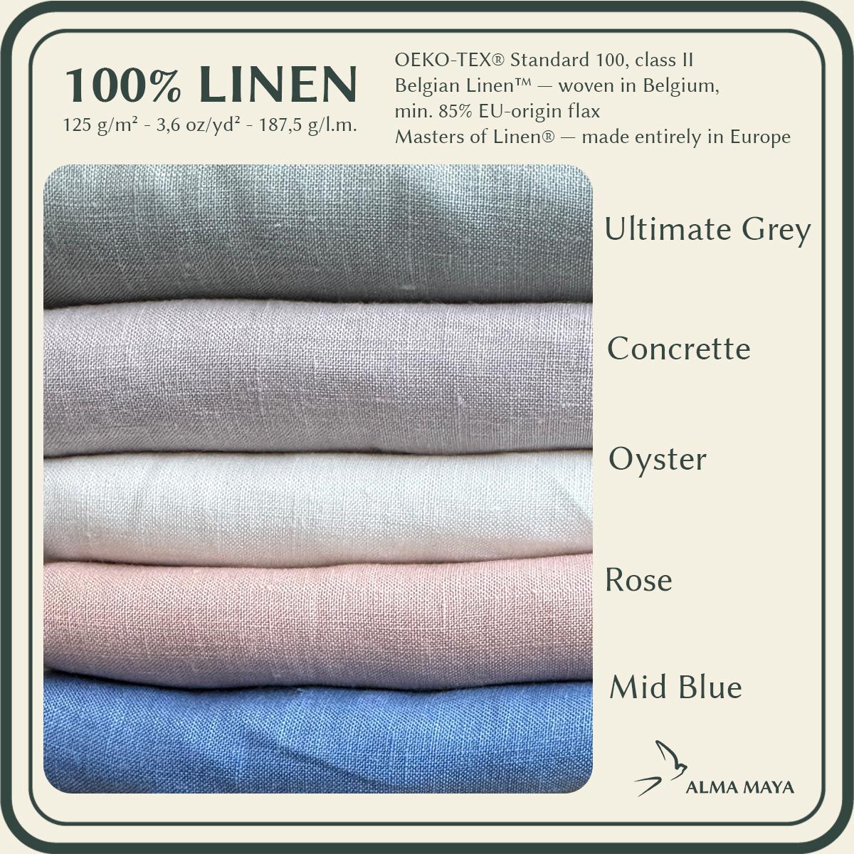 A fabric color and material information graphic for 100% linen. The left side shows a stack of five folded linen fabrics in shades of gray, concrete, oyster, rose, and mid blue, labeled on the right.