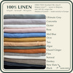 A fabric color chart for 100% linen, showing a stack of folded linen cloths in various colors with a list of available options on the right. The top text reads '100% LINEN' and includes OEKO-TEX certification details.