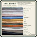 A fabric color chart for 100% linen, showing a stack of folded linen cloths in various colors with a list of available options on the right. The top text reads '100% LINEN' and includes OEKO-TEX certification details.