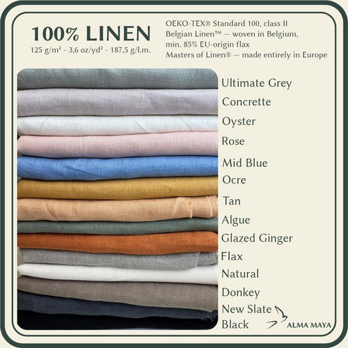 A fabric color chart for 100% linen, showing a stack of folded linen cloths in various colors with a list of available options on the right. The top text reads '100% LINEN' and includes OEKO-TEX certification details.