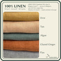 A fabric color chart for 100% linen by Alma Maya, showing five folded linen samples in Ocre, Tan, Algae, Glazed Ginger, and Flax, with text detailing the OEKO-TEX Standard 100, class II certification and weight of 125 g/m2.
