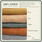 A fabric color chart for 100% linen by Alma Maya, showing five folded linen samples in Ocre, Tan, Algae, Glazed Ginger, and Flax, with text detailing the OEKO-TEX Standard 100, class II certification and weight of 125 g/m2.