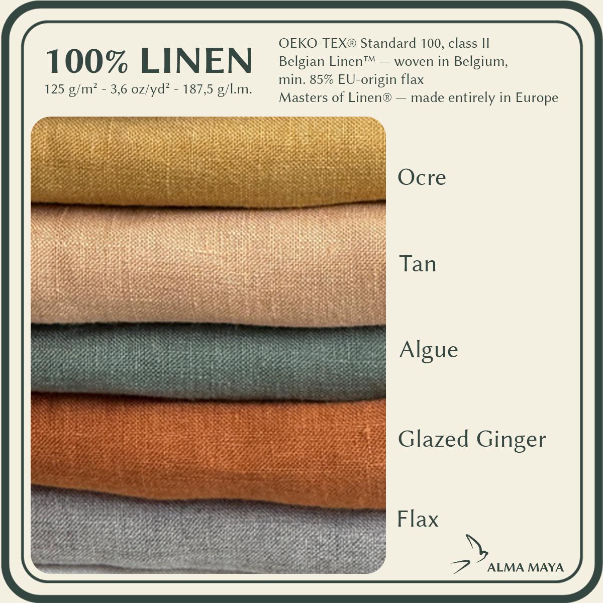 A fabric color chart for 100% linen by Alma Maya, showing five folded linen samples in Ocre, Tan, Algae, Glazed Ginger, and Flax, with text detailing the OEKO-TEX Standard 100, class II certification and weight of 125 g/m2.