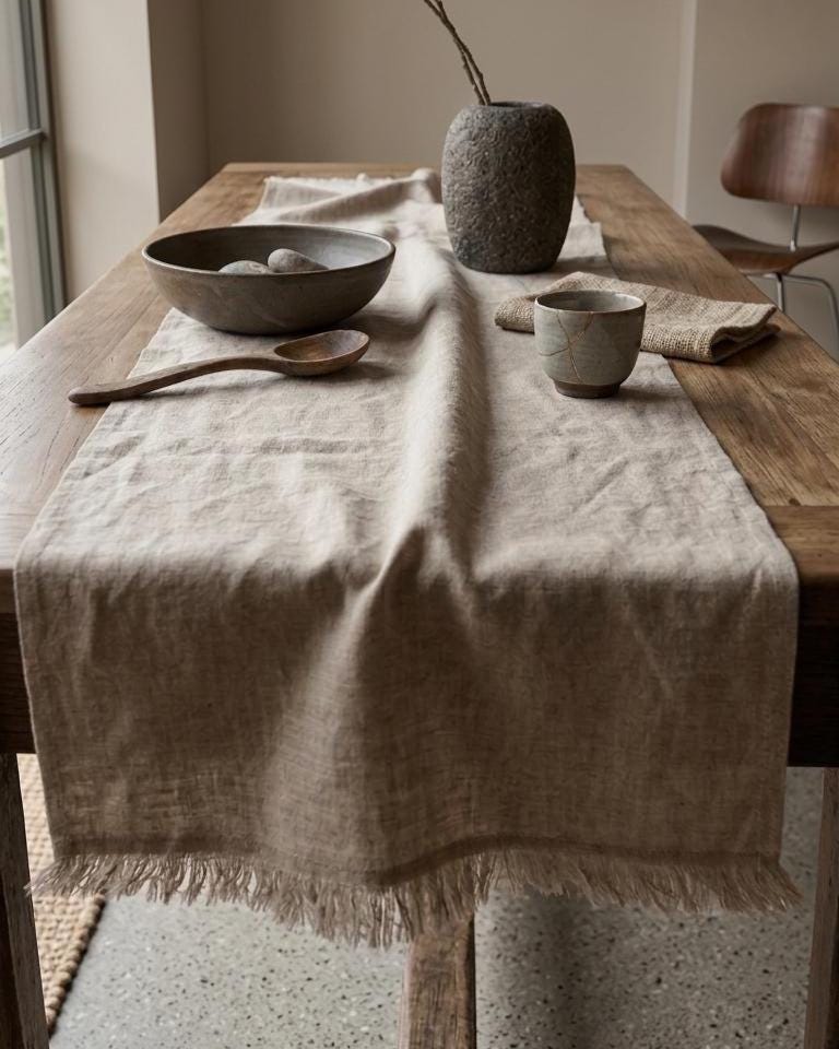 A light beige linen table runner with fringed edges draped over a rustic wooden dining table, styled with ceramic bowls, a wooden spoon, and a textured vase.