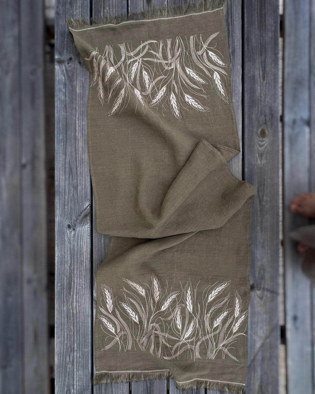 Embroidered Linen Table Runner — Wheat on Olive