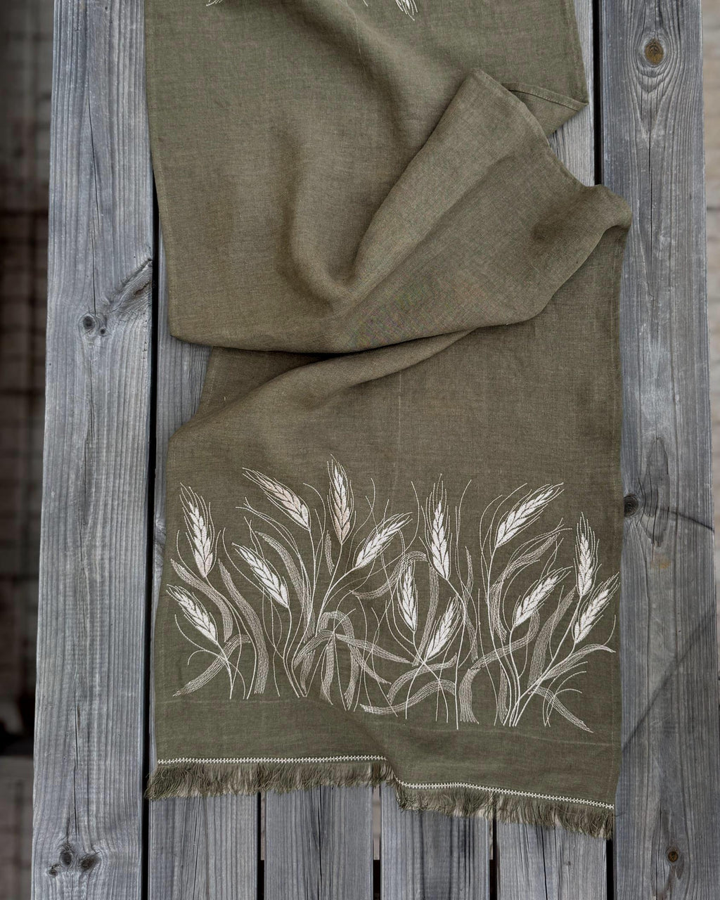Embroidered Linen Table Runner — Wheat on Olive