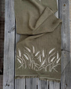 Embroidered Linen Table Runner — Wheat on Olive