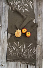 Embroidered Linen Table Runner — Wheat on Olive