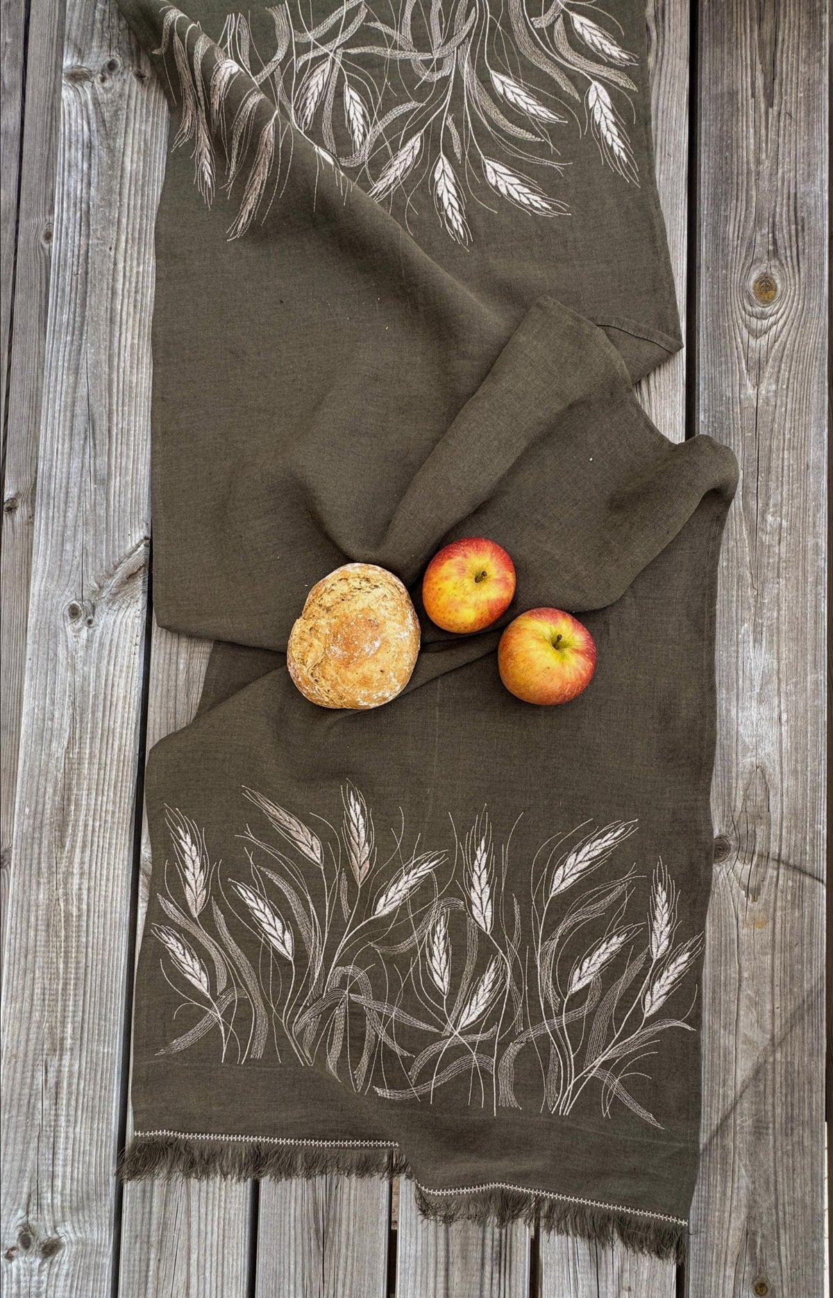 Embroidered Linen Table Runner — Wheat on Olive