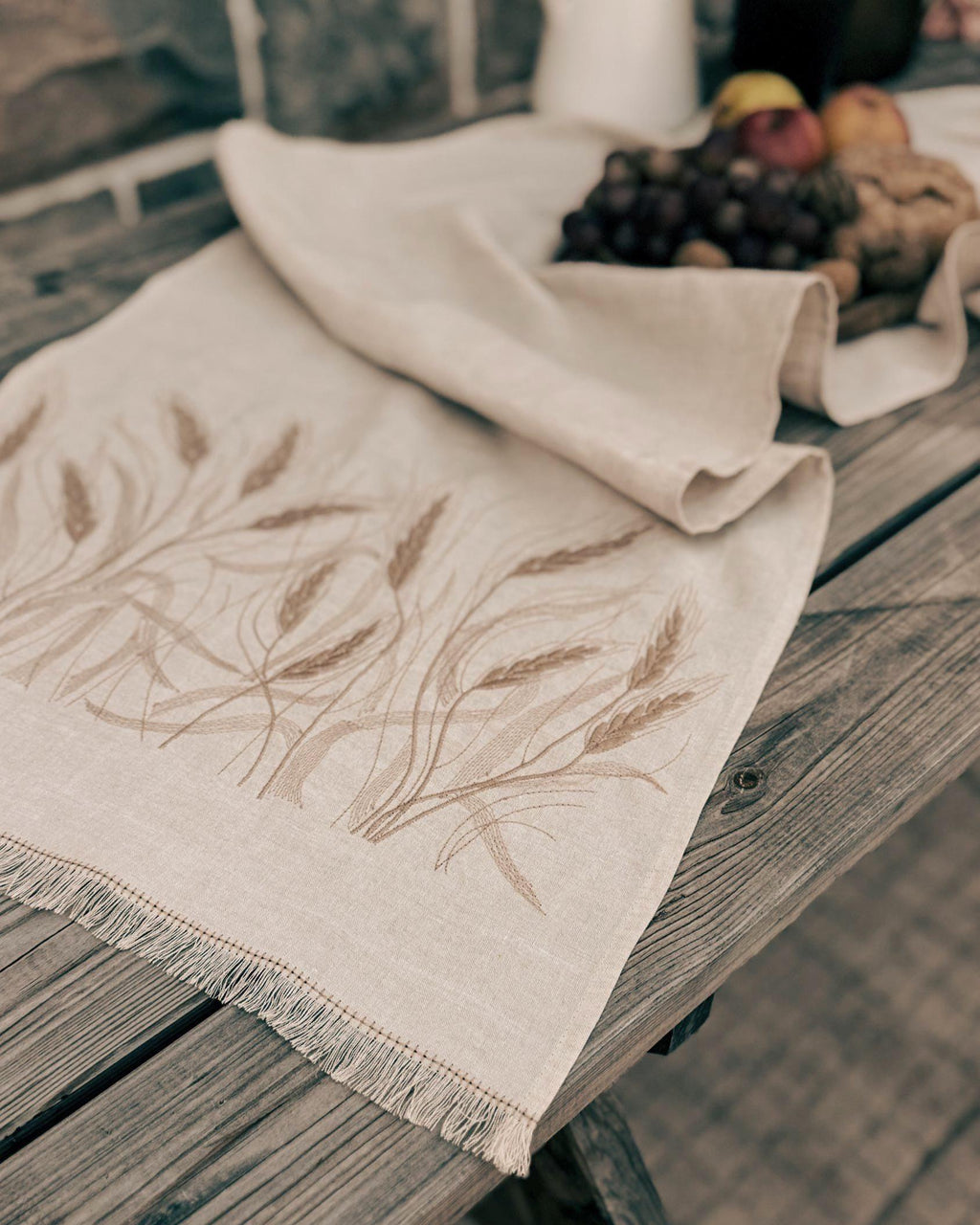 Embroidered Linen Table Runner — Wheat on Natural