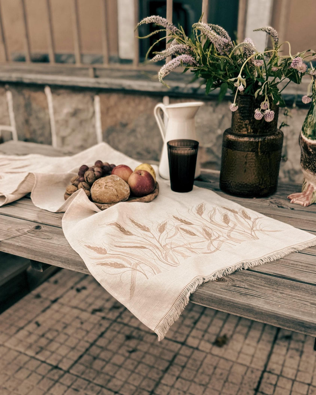 Embroidered Linen Table Runner — Wheat on Natural