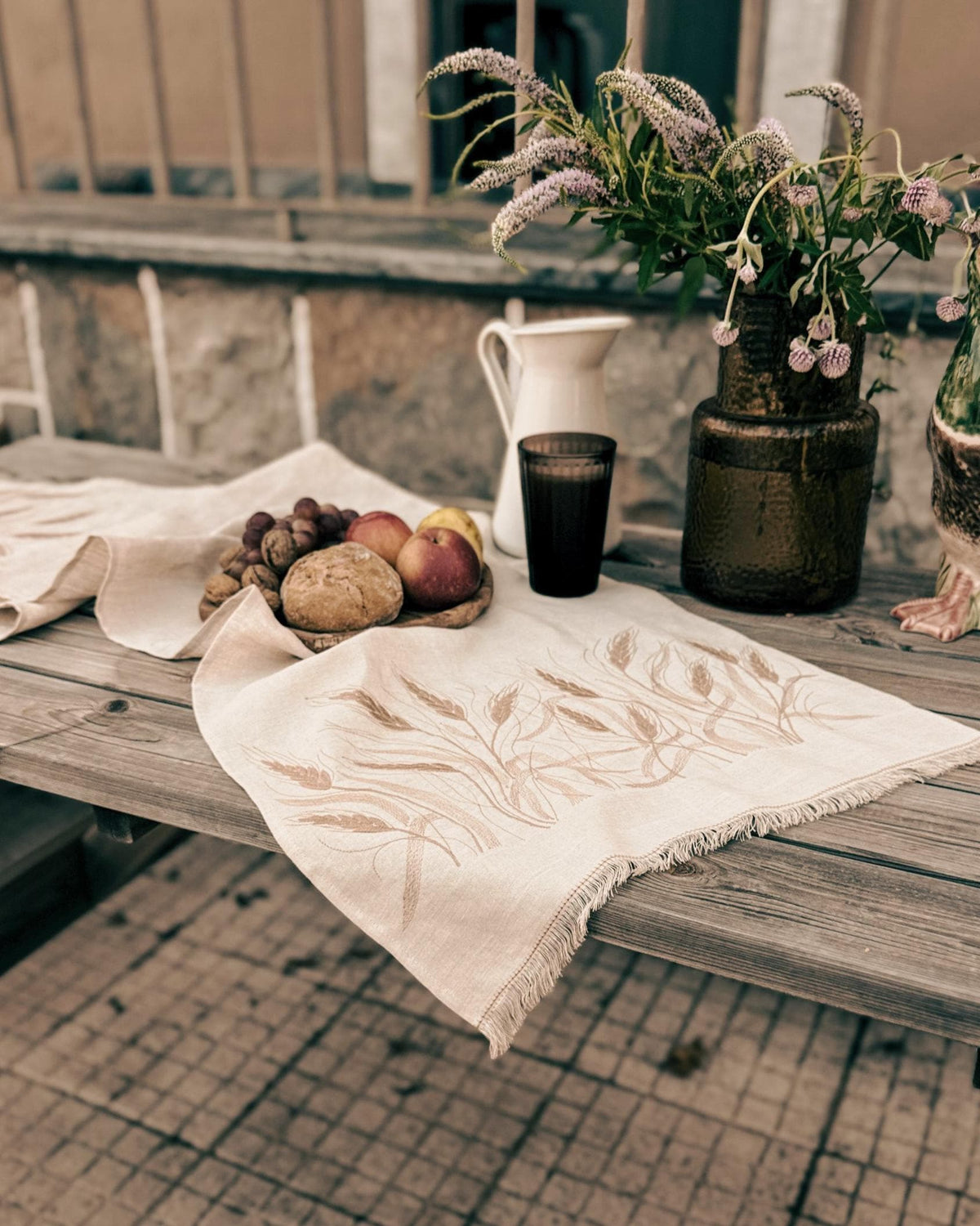 Embroidered Linen Table Runner — Wheat on Natural