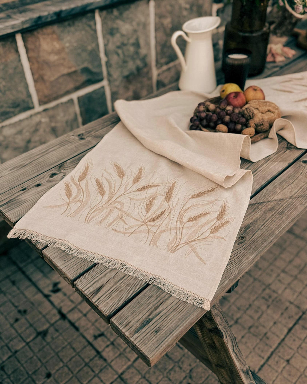 Embroidered Linen Table Runner — Wheat on Natural